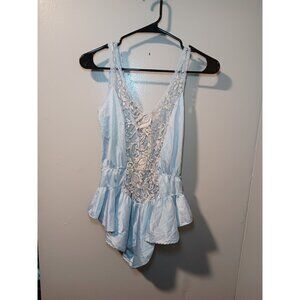 Vintage Flair Nylon Teddy One Piece Playsuit Romper Lace Ruffle Union Made Sz M